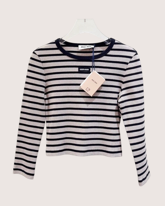 Miu Miu Striped Logo Long-Sleeve Crop Top Pink, Navy IT 38