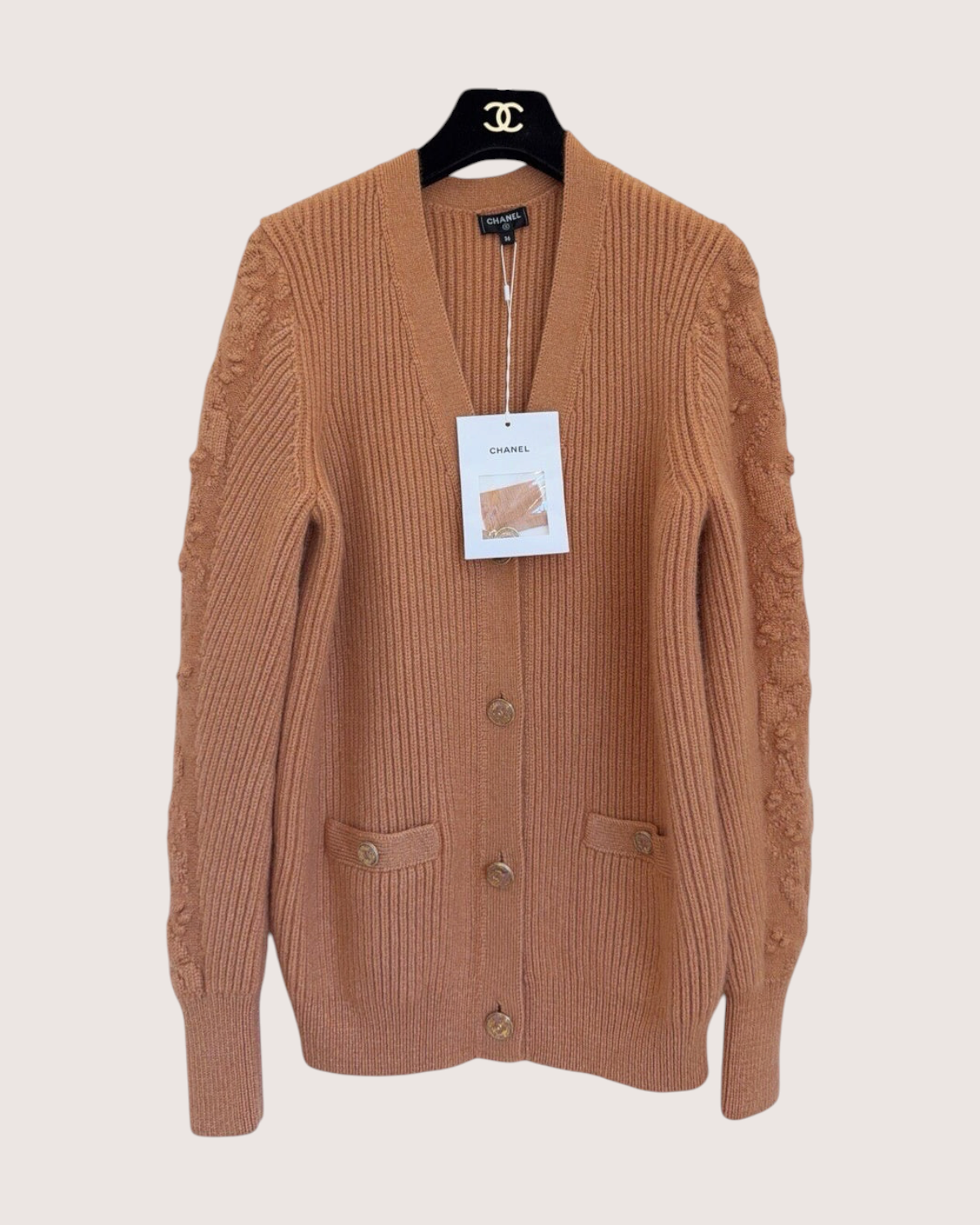 Chanel 21A Cashmere Floral-Textured Ribbed Cardigan Brown FR 36
