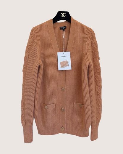 Chanel 21A Cashmere Floral-Textured Ribbed Cardigan Brown FR 36