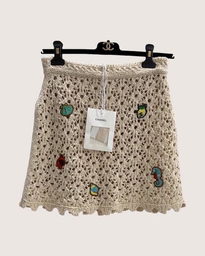 Chanel 26M Coco Beach Openwork Crochet Mini Skirt Beige/Ecru, Multicolor FR 36