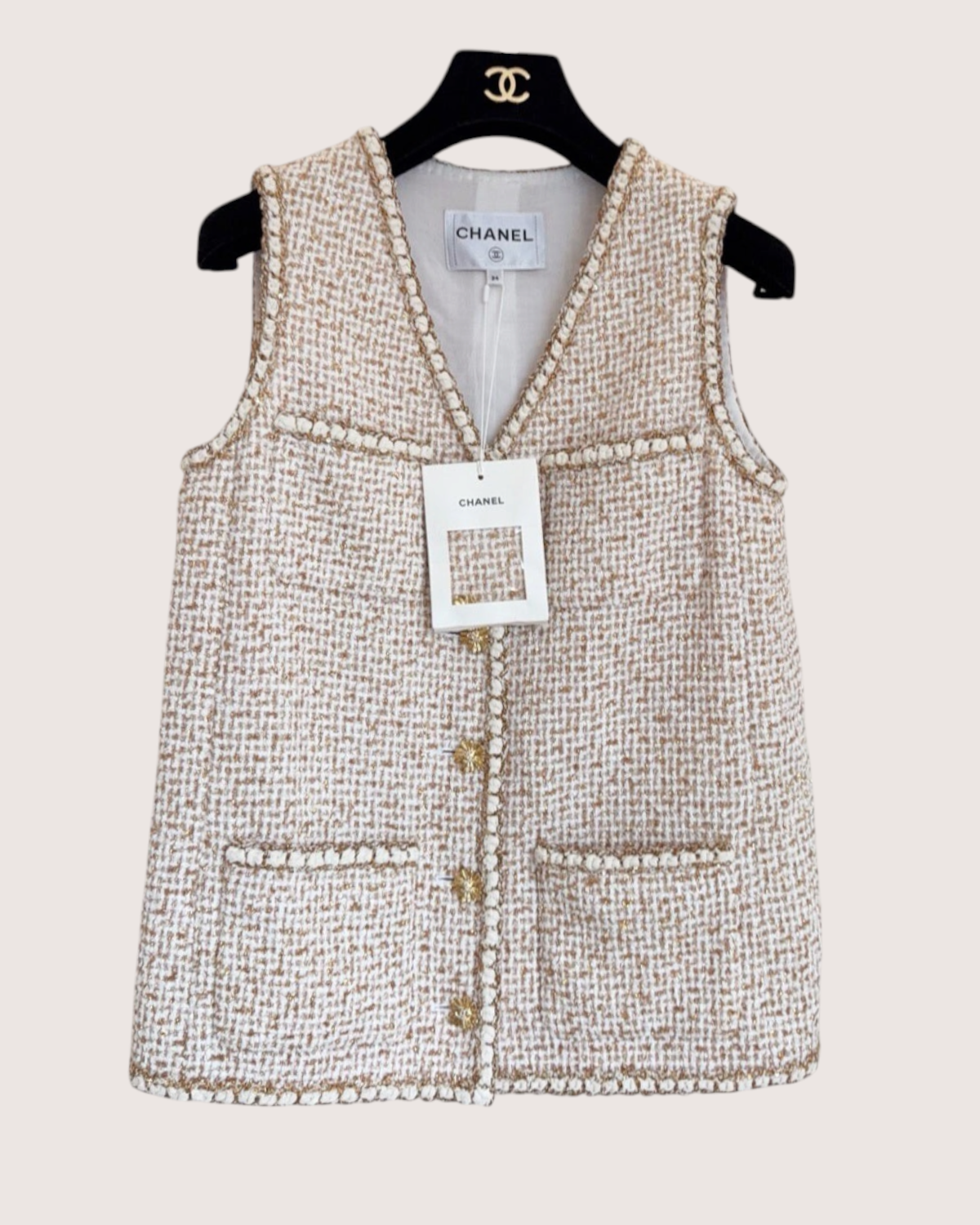 Chanel 26C Tweed Vest Beige/Ecru, Gold, White FR 34