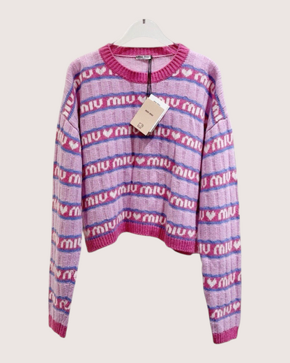 Miu Miu Wool Heart Logo Sweater Pink, Purple, White FR 42