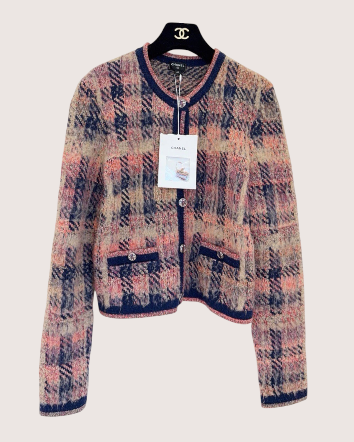 Chanel 22A Wool Plaid Cropped Cardigan Pink, Beige/Ecru, Navy FR 40
