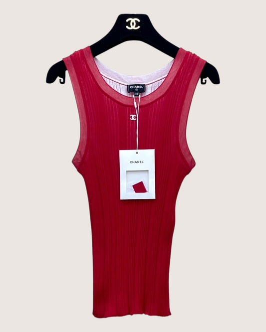 Chanel 26M Coco Beach CC Striped Tank Top Red FR 38