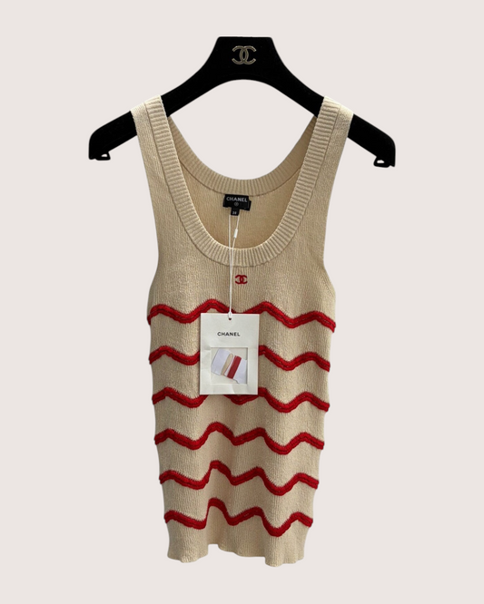 Chanel 26M Coco Beach Striped Top Beige/Ecru, Red FR 38