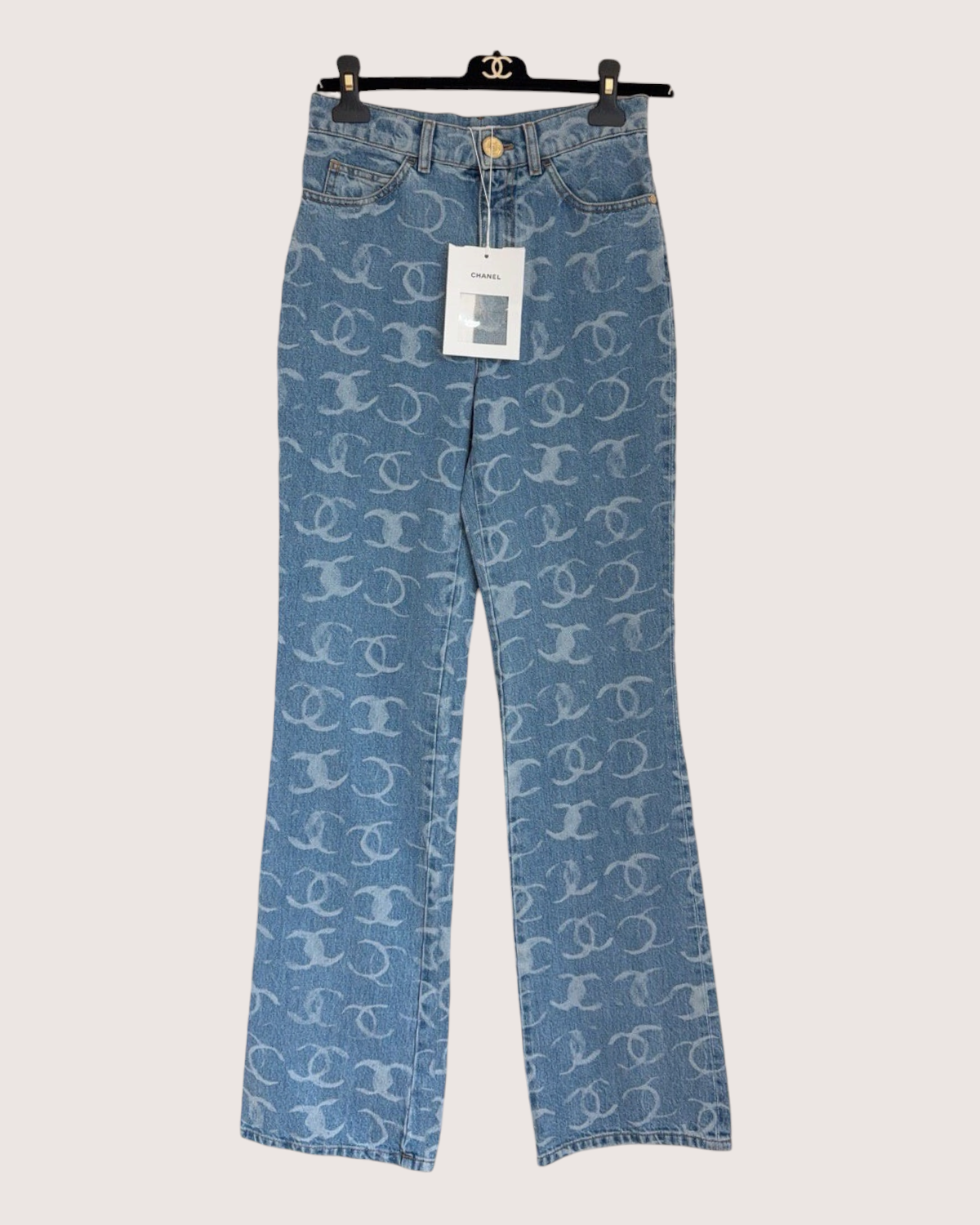 Chanel 23B CC Denim Wide-Leg Jeans Blue, Gold FR 34