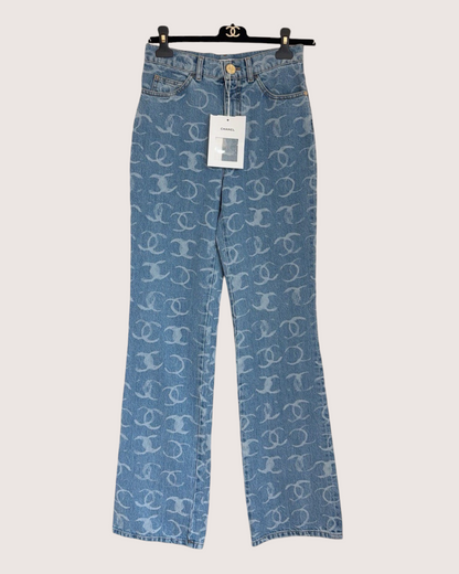 Chanel 23B CC Denim Wide-Leg Jeans Blue, Gold FR 34