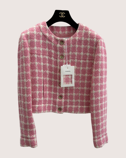 Chanel 25B Tweed Plaid Jacket Pink, White FR 38