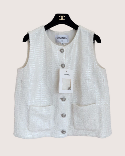 Chanel 25S Sequin Tweed Vest White FR 34