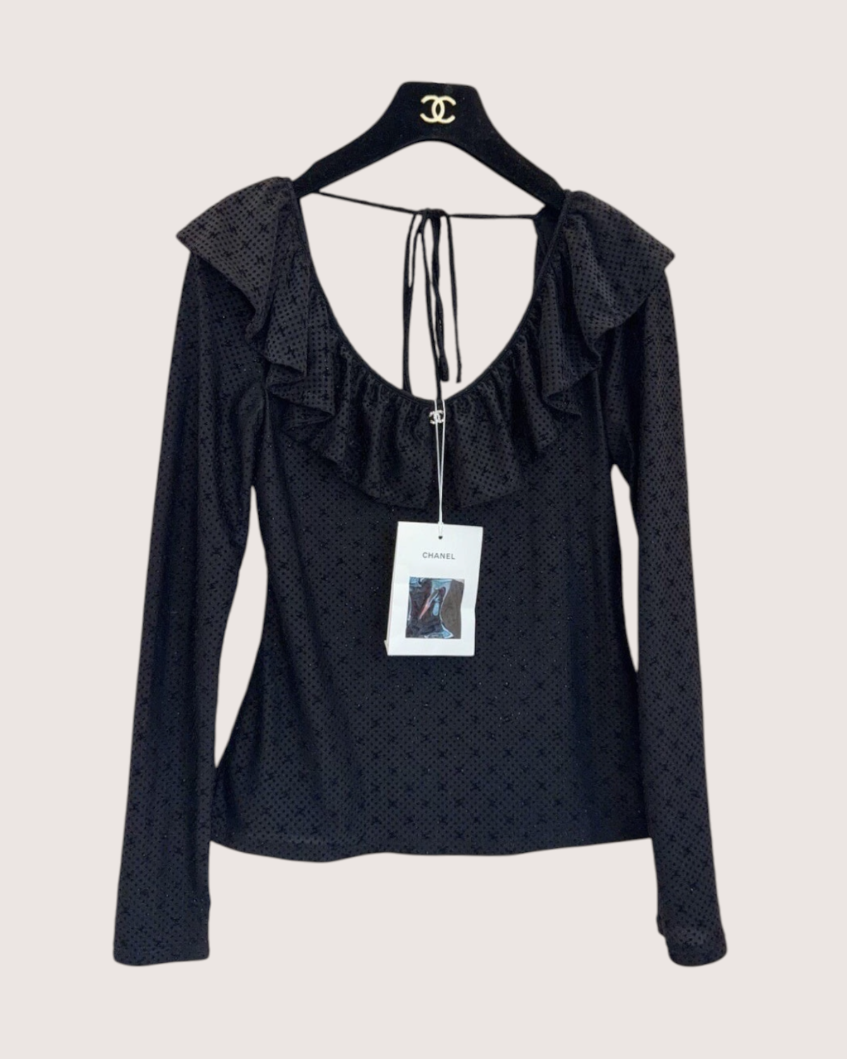 Chanel 24B Ruffle-Neck CC Polka-Dot Top Black FR 38