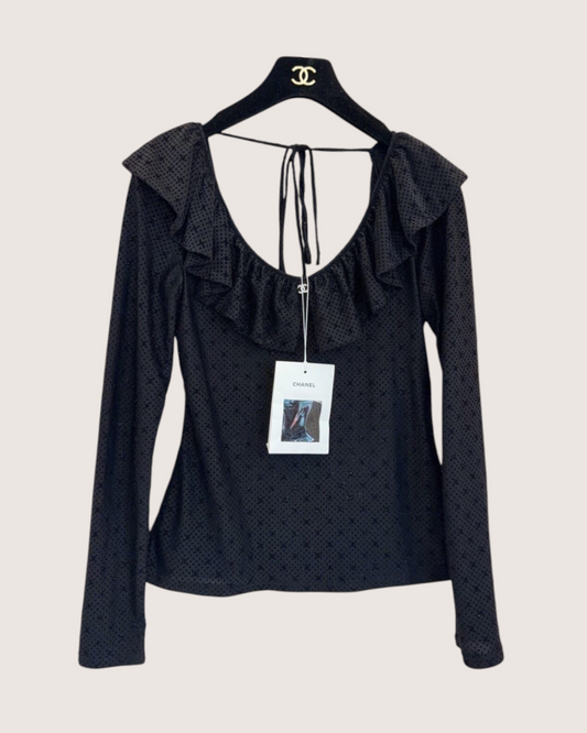 Chanel 24B Ruffle-Neck CC Polka-Dot Top Black FR 38