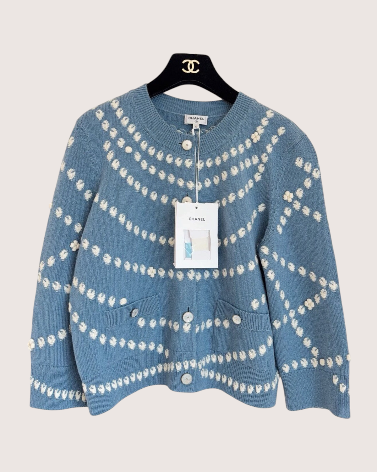 Chanel 25P Cashmere Pearl-Motif Cardigan Blue, Beige/Ecru FR 36