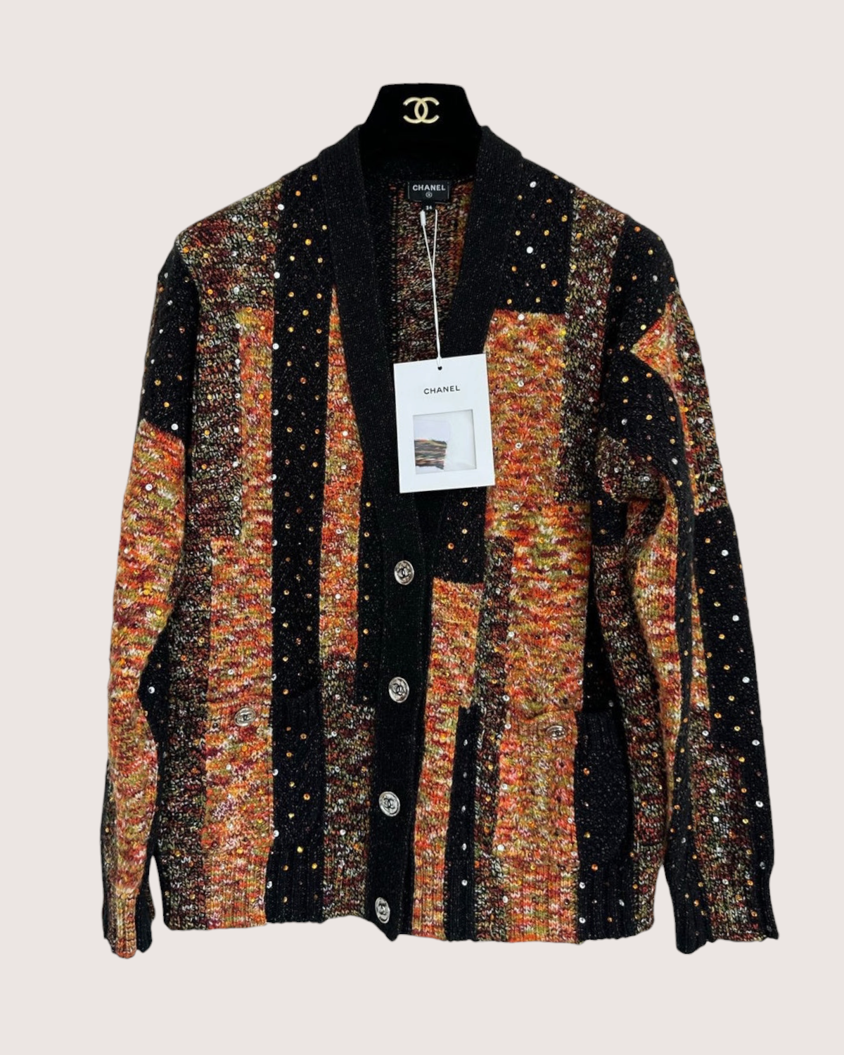 Chanel 23A Wool Crystal Striped Cardigan Black, Multicolor FR 34