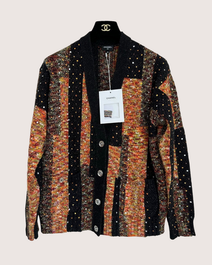 Chanel 23A Wool Crystal Striped Cardigan Black, Multicolor FR 34