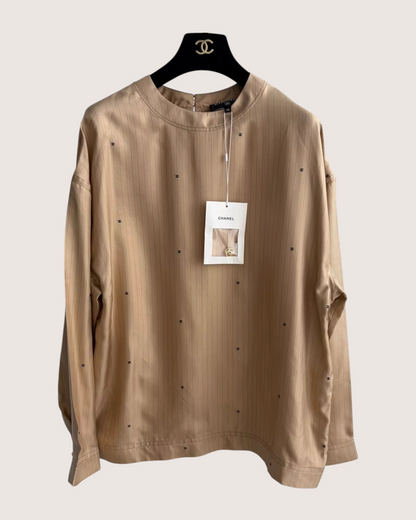 Chanel 26S CC Striped Logo Top Beige/Ecru, Black FR 40