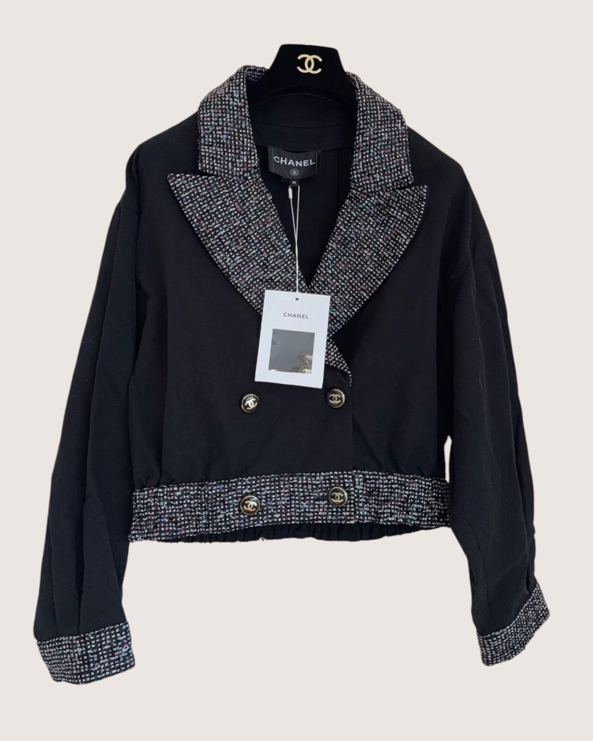 Chanel 23P Sequined Tweed-Trim Jacket Black FR 36