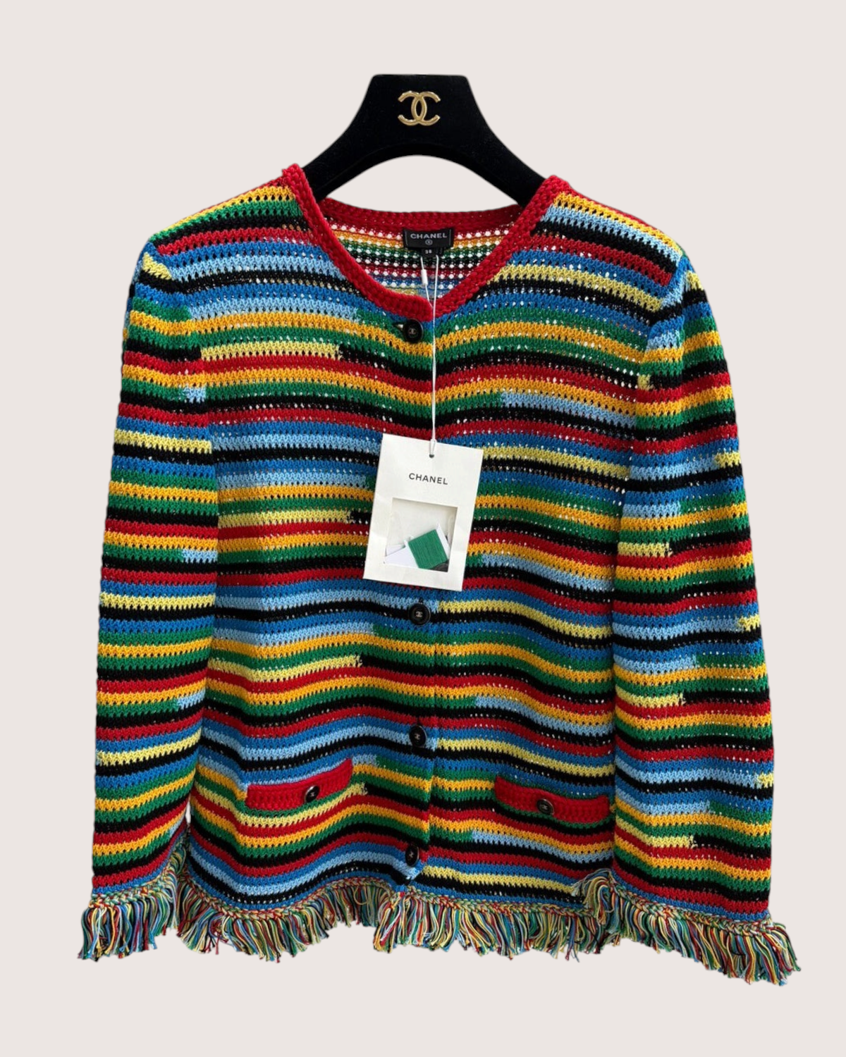 Chanel 26M Coco Beach Striped Crochet Cardigan Red, Blue, Multicolor FR 38