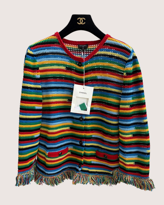 Chanel 26M Coco Beach Striped Crochet Cardigan Red, Blue, Multicolor FR 38