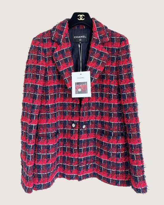 Chanel 24S Plaid Tweed Jacket Red, Navy, White FR 36