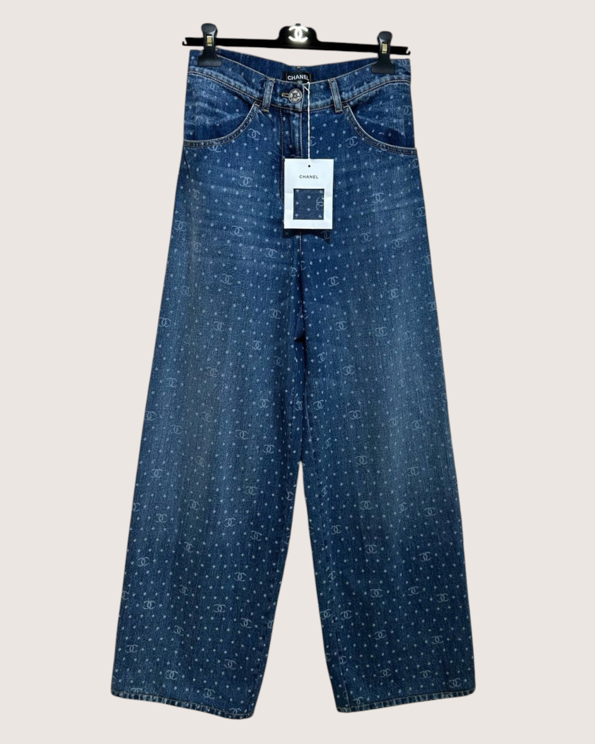 Chanel 23P CC Logo Wide-Leg Denim Jeans Blue, White FR 34