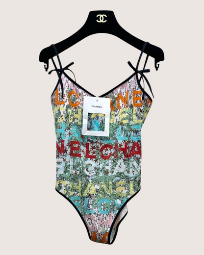 Chanel 26M Coco Beach Logo One-Piece Swimsuit Beige/Ecru, Green, Multicolor FR 34