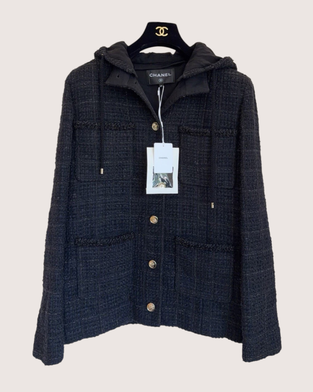 Chanel 25B Hooded Tweed Jacket Navy, Black FR 40