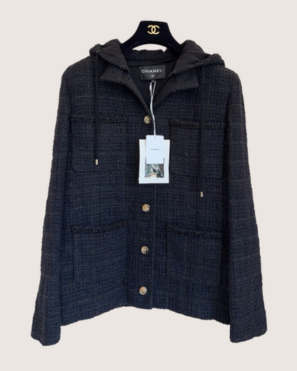 Chanel 25B Hooded Tweed Jacket Navy, Black FR 40