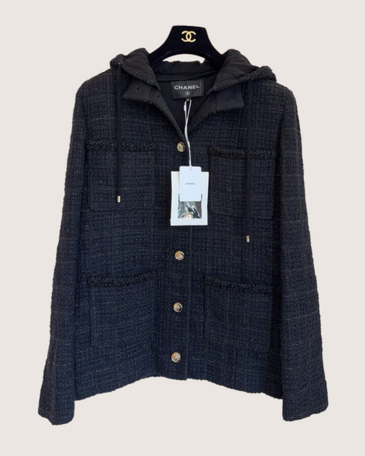 Chanel 25B Hooded Tweed Jacket Navy, Black FR 40