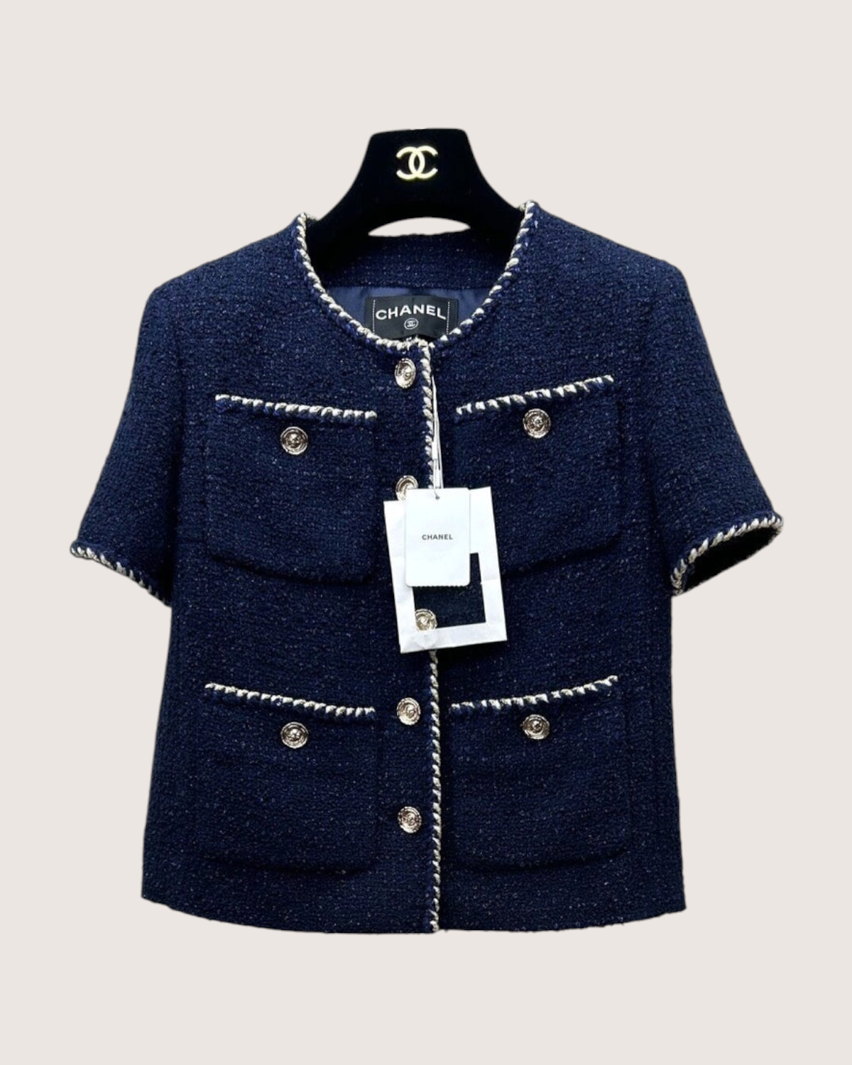 Chanel 25A Tweed Short-Sleeve Four-Pocket Jacket Navy, White, Gold FR 34