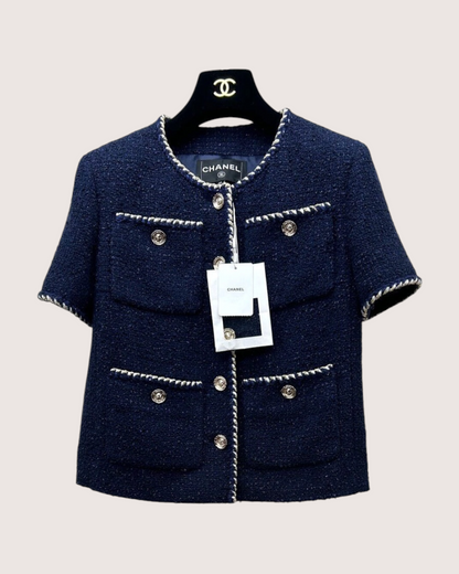 Chanel 25A Tweed Short-Sleeve Four-Pocket Jacket Navy, White, Gold FR 34