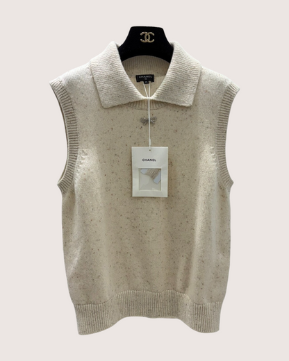Chanel 25N Bow Cashmere Vest Beige/Ecru, Multicolor FR 38
