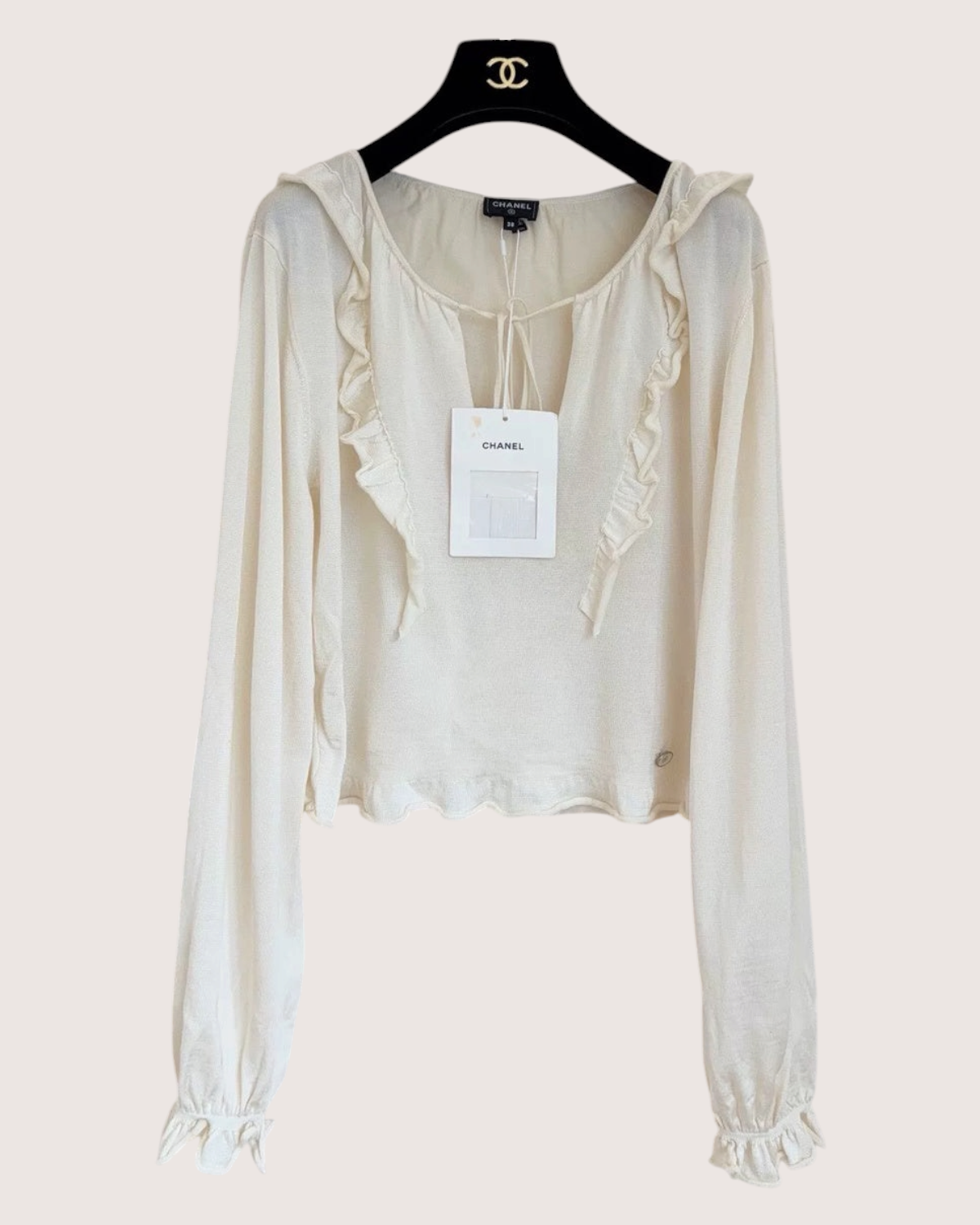 Chanel 23B Ruffle-Trim Tie-Front Top Beige/Ecru FR 38