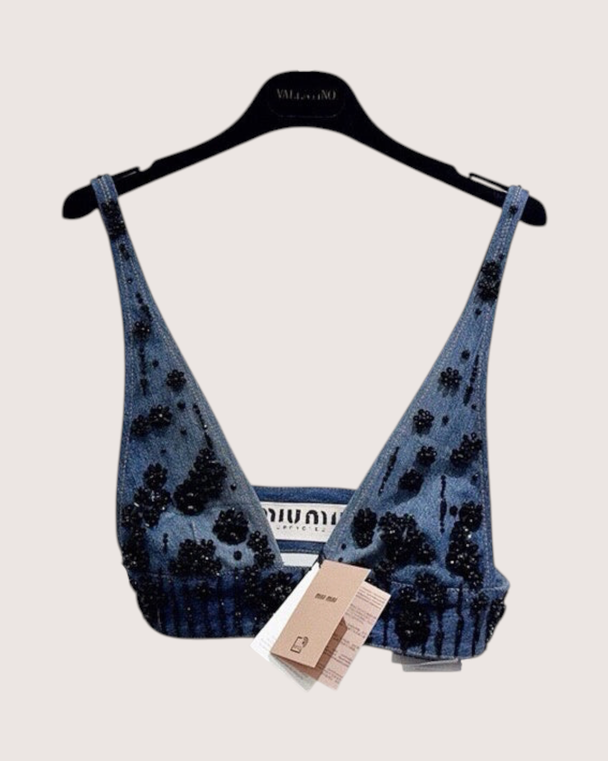 Miu Miu Beaded Denim Bralette Top Blue, Black FR 32