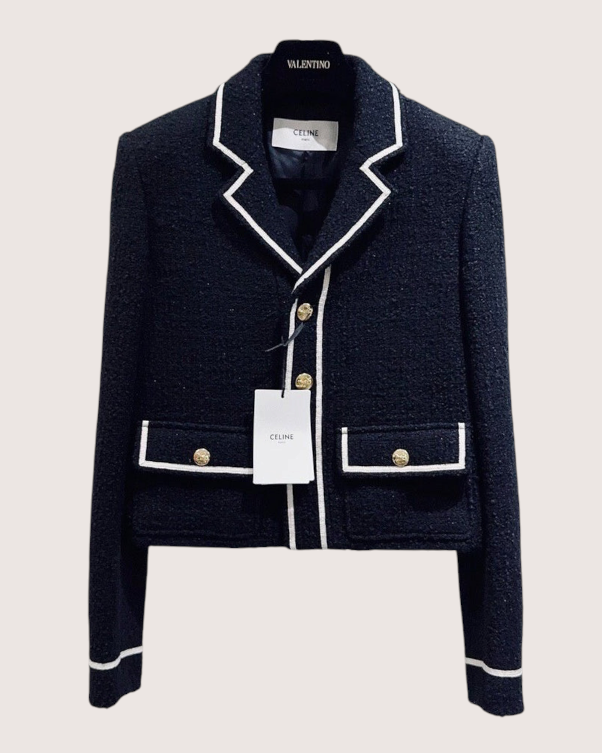 Celine Cropped Contrast-Trim Tweed Jacket Black, White FR 34