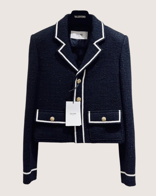 Celine Cropped Contrast-Trim Tweed Jacket Black, White FR 34
