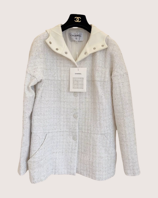 Chanel 25C Plaid Tweed Hooded Jacket Beige/Ecru FR 40
