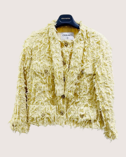 Chanel 21C Fringe Tweed Jacket Yellow, Beige/Ecru FR 34