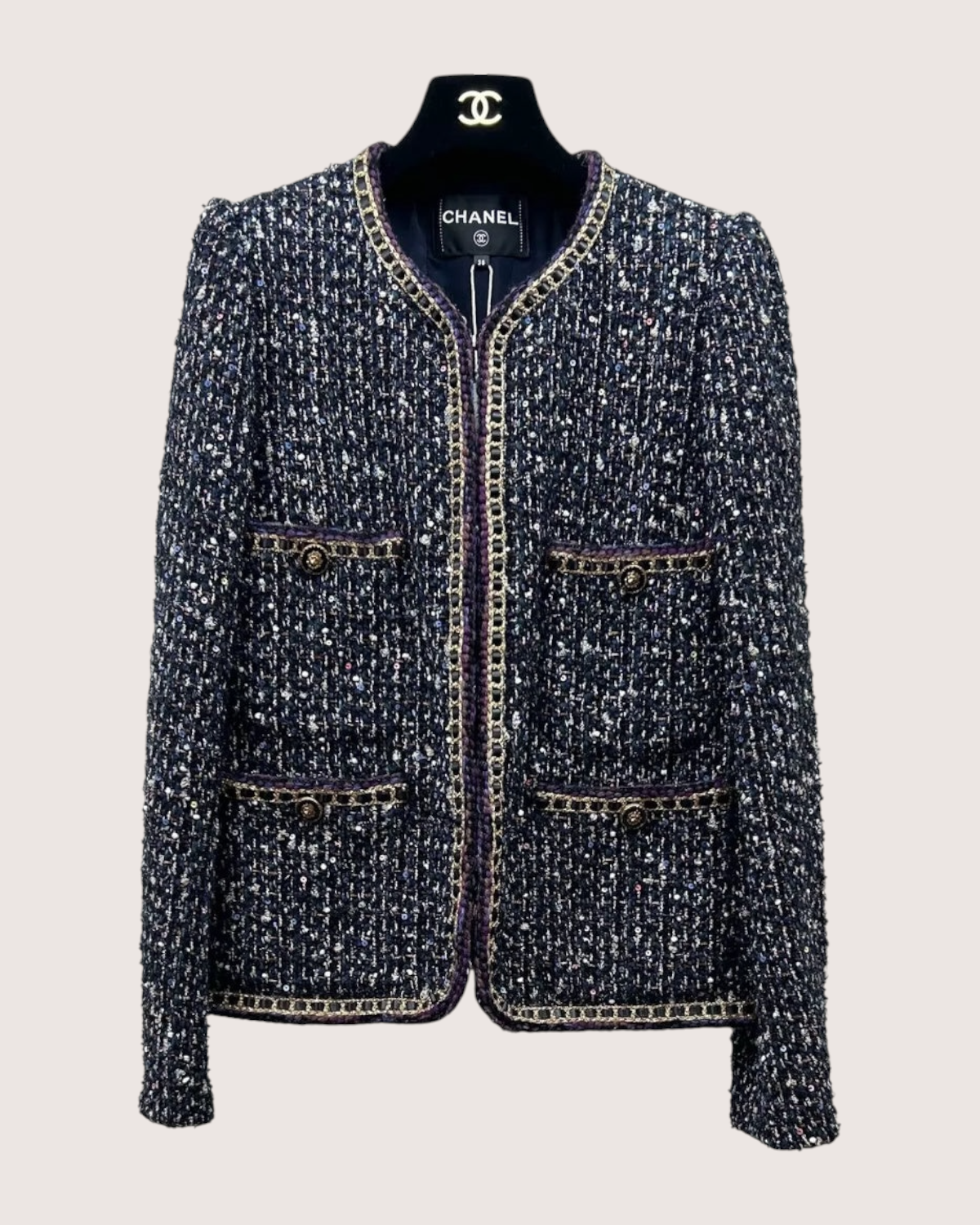 Chanel 21A Chain-Trim Sequined Tweed Jacket Black, Gold, Multicolor FR 38