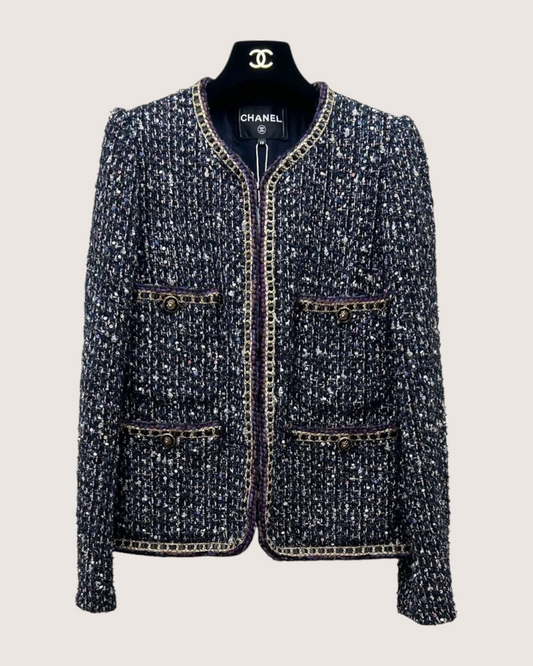 Chanel 21A Chain-Trim Sequined Tweed Jacket - Black, Gold, Multicolor