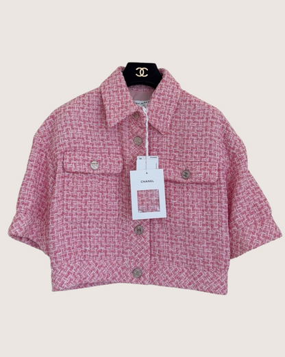 Chanel 23P Cropped Tweed Jacket Pink, White FR 38