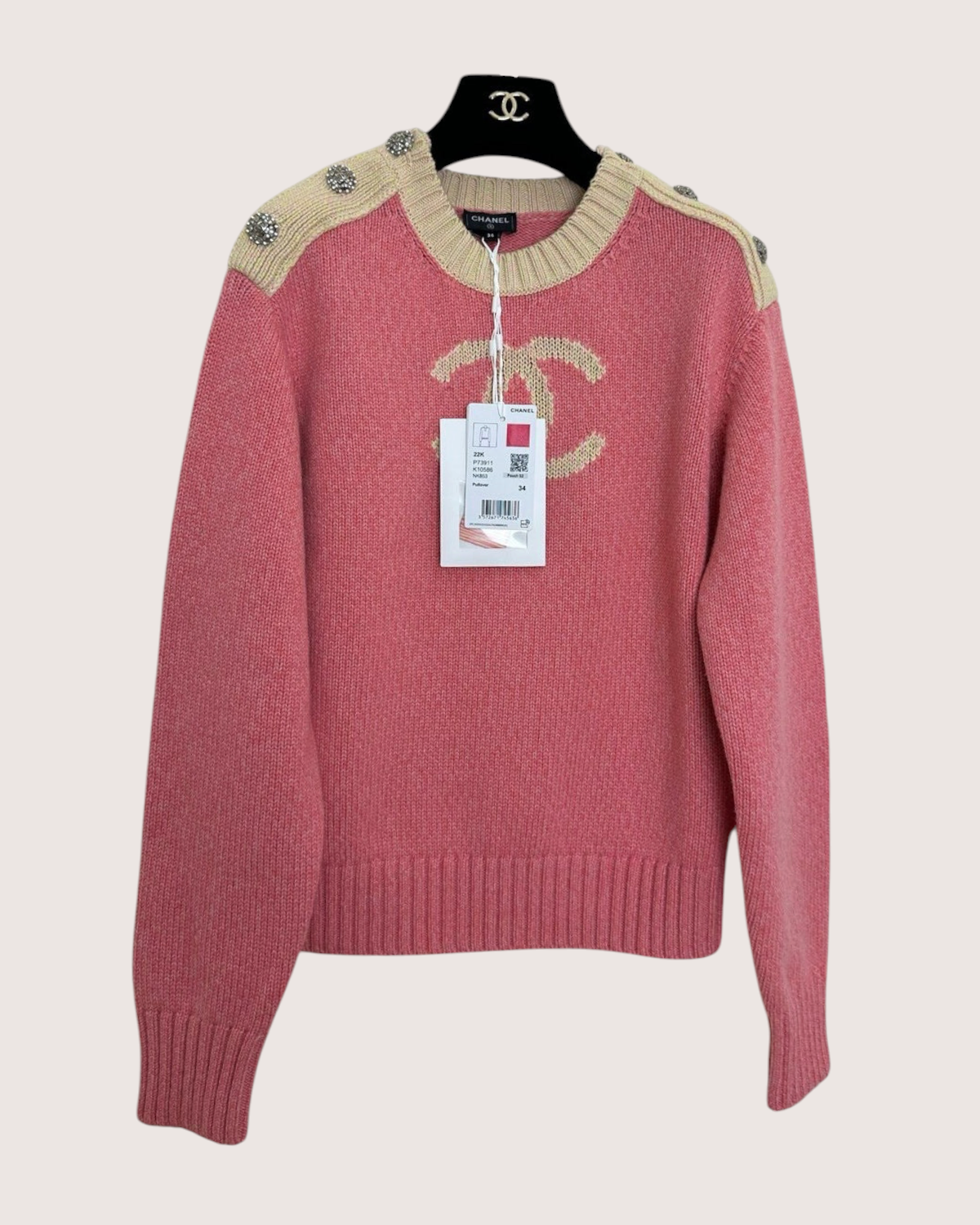 Chanel 22K Cashmere CC Sweater Pink, Beige/Ecru FR 34