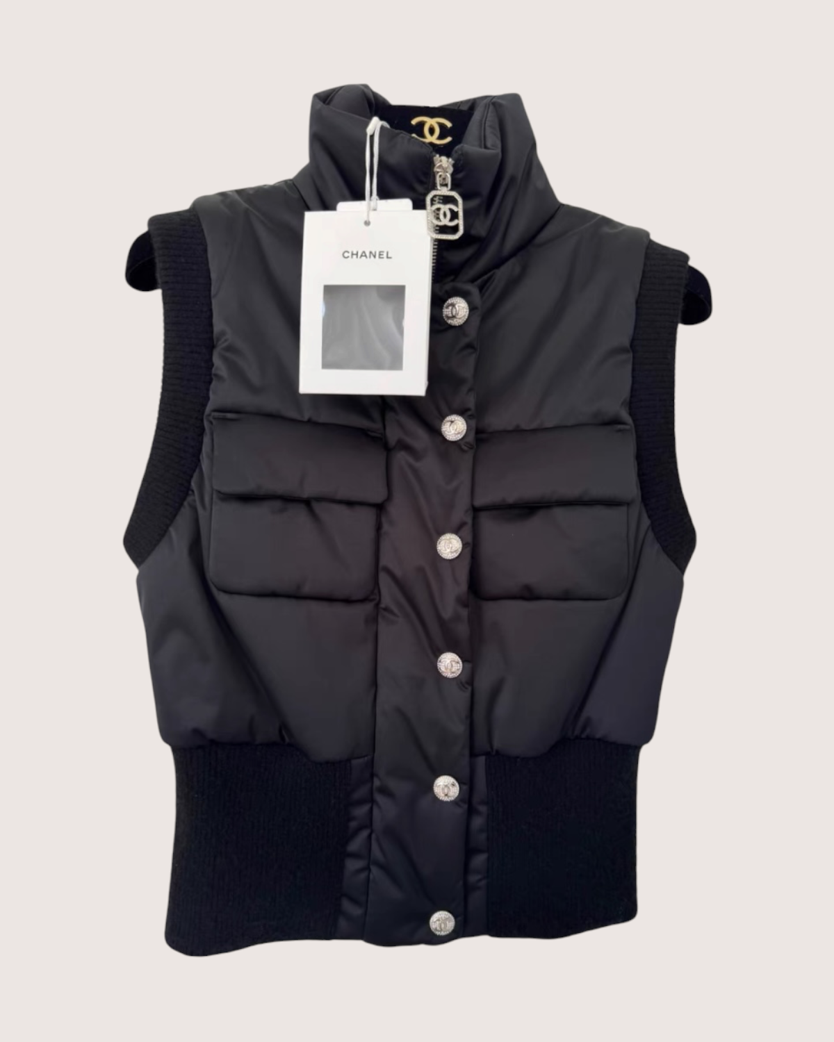Chanel 23N Crystal-Button Padded Vest Black FR 34
