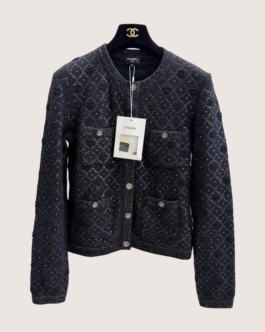 Chanel 22A Cashmere Quilted Logo Cardigan - Black, Multicolor