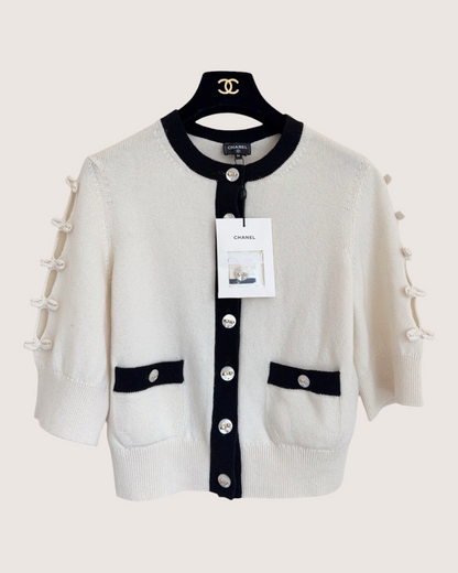 Chanel 25K Cashmere Bow-Trim Openwork Cardigan Beige/Ecru, Black FR 36