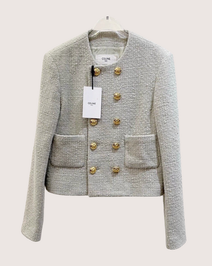 Celine Double-Breasted Tweed Jacket Grey FR 38