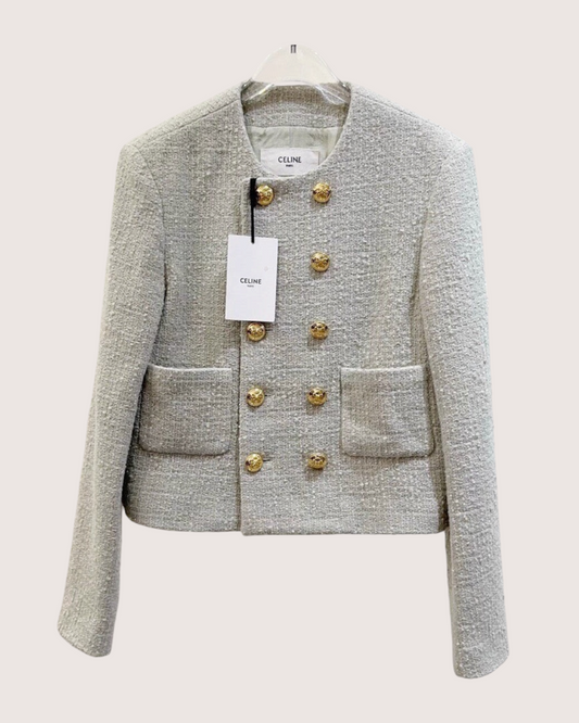 Celine Double-Breasted Tweed Jacket Grey FR 38
