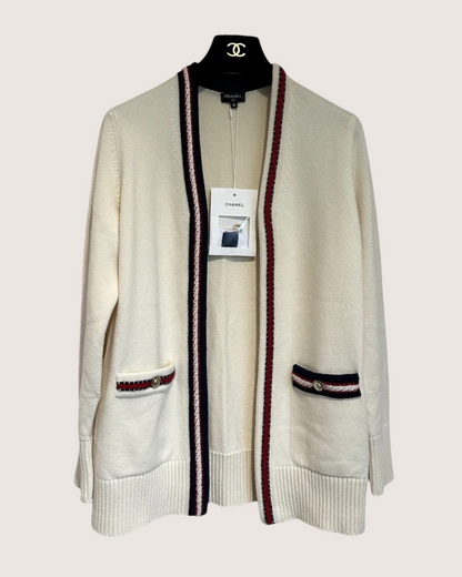 Chanel 26P Cashmere Striped-Trim Cardigan Beige/Ecru, Navy, Red FR 36