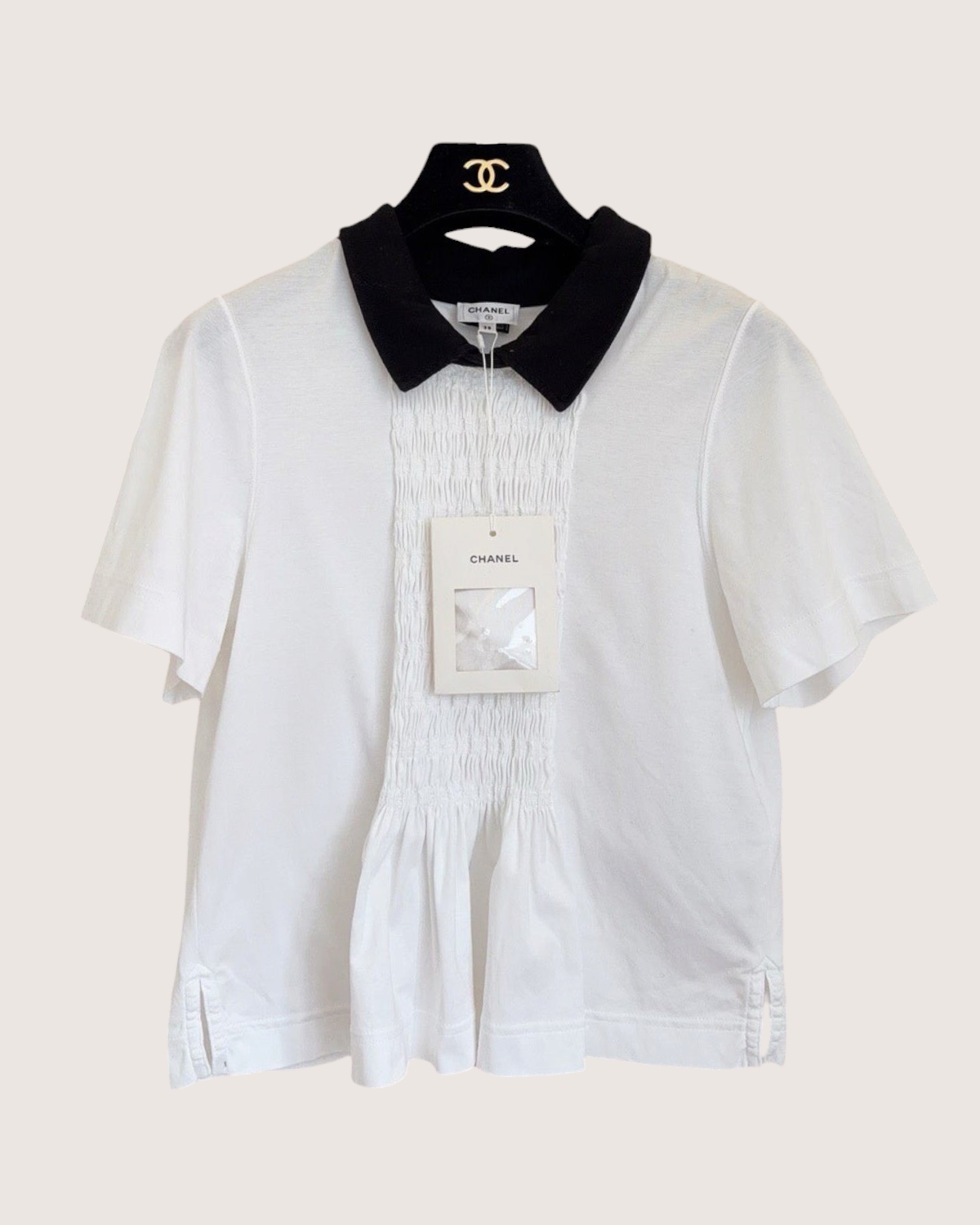 Chanel 25P Contrast-Collar Smocked Top White, Black FR 38