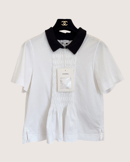 Chanel 25P Contrast-Collar Smocked Top White, Black FR 38