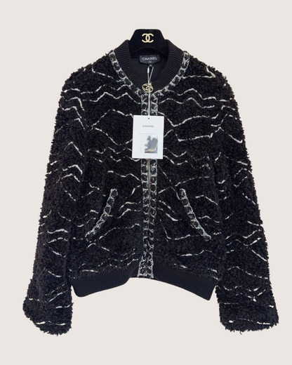 Chanel 19B Wave-Stripe Teddy Bomber Jacket Black, White FR 38